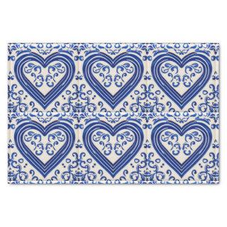 3D Delft Tile Look Romantic Hearts - Blue on Cream Tissue Paper