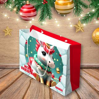 3D Unicorn Christmas Red Holiday Large Gift Bag