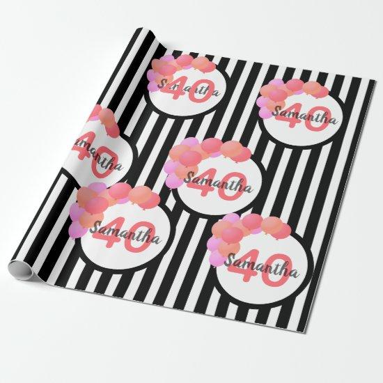 40th birthday black white stripes balloons pink