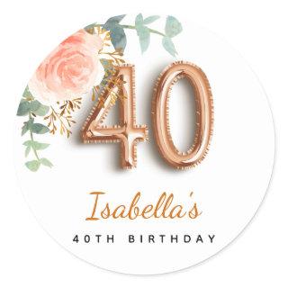 40th birthday floral rose gold eucalyptus monogram classic round sticker