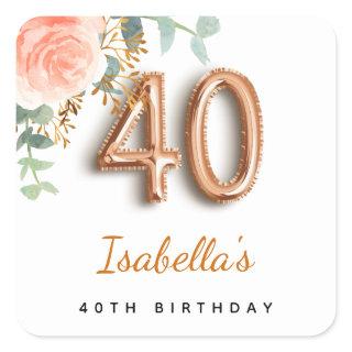 40th birthday floral rose gold eucalyptus monogram square sticker