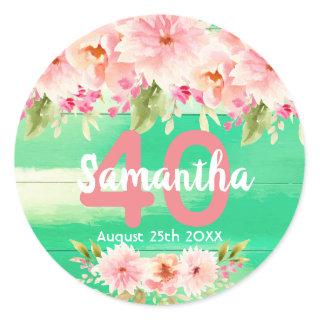 40th birthday party coral dahlia flowers green classic round sticker
