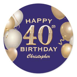 40th Birthday Party Navy Blue and Gold Balloons Classic Round Sticker