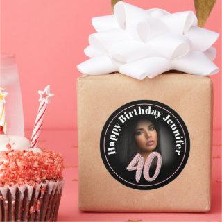 40th Birthday photo script rose pink custom name Classic Round Sticker