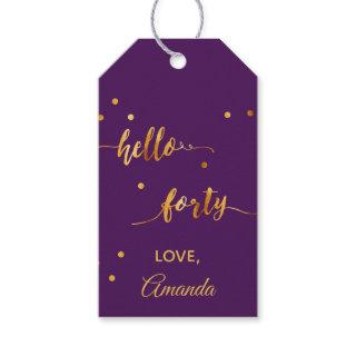 40th birthday purple gold hello 40 name script gift tags