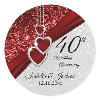 40th Ruby Red and White Glitter Anniversary Classic Round Sticker