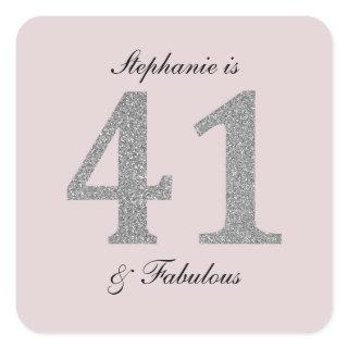 41st Birthday Blush Pink Silver Grey Glitter Square Sticker