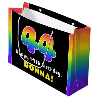 44th Birthday: Colorful Rainbow # 44, Custom Name Large Gift Bag