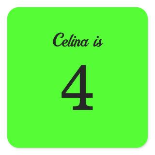 4th Birthday Neon Green Custom Age Name Color Square Sticker