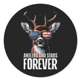 4th Of July Deer Antler And Star Forever  Classic Round Sticker
