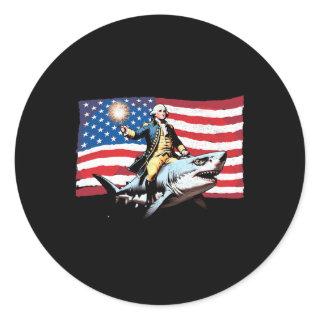 4th Of July George Washington Riding Shark America Classic Round Sticker