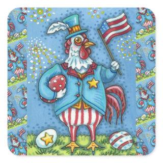 4TH OF JULY ROOSTER, FUNNY PATRIOTIC CHICKEN SQUARE STICKER