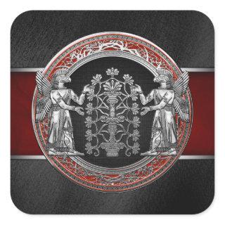 [500] Two Silver Ninurtas with Tree of Life Square Sticker