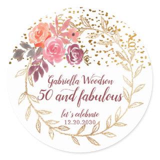 50 And Fabulous Floral Pink Marsala Glitter Classic Round Sticker