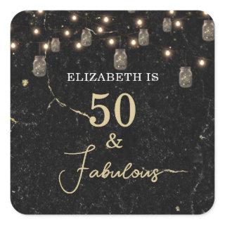 50 and Fabulous Gold Black Marble Mason Jar Lights Square Sticker