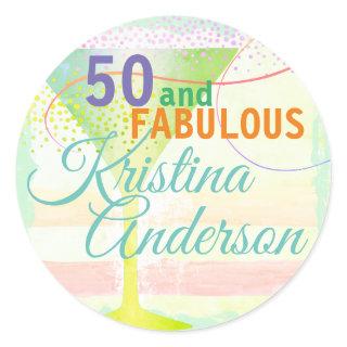 50 and Fabulous Pastel Watercolor Stripes Party Classic Round Sticker
