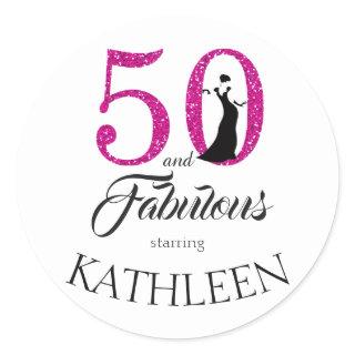 50 and Fabulous Pink Glitter Custom Name Classic Round Sticker