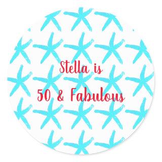 50 & Fabulous Birthday Blue Starfish Patterns Cool Classic Round Sticker