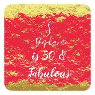 50 & Fabulous Gold Red Glitter Monogram Initials Square Sticker
