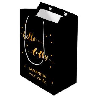 50th birthday black gold name typography modern medium gift bag
