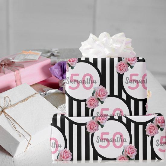 50th birthday chic pink roses black white stripes