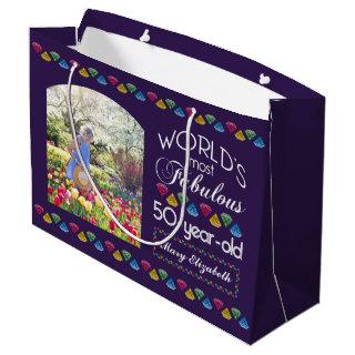 50th Birthday Most Fabulous Gems Purple Your Photo Large Gift Bag