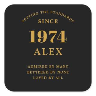 50th Birthday Name 1974 Black Gold Elegant Chic Square Sticker