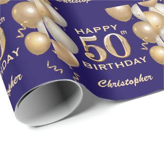 50th Birthday Navy Blue and Gold Glitter Balloons