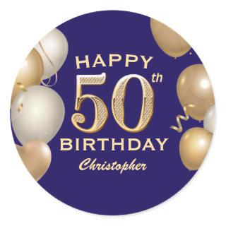 50th Birthday Party Navy Blue and Gold Balloons Classic Round Sticker