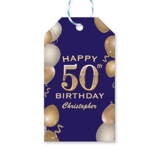 50th Birthday Party Navy Blue and Gold Balloons Gift Tags