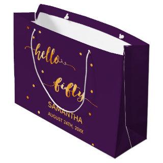 50th birthday party purple gold hello fifty script large gift bag