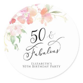 50th Birthday Pink Floral Watercolor Classic Round Sticker