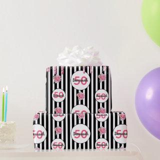 50th birthday pink glitter black stripes name
