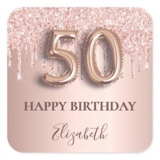 50th birthday pink rose gold glitter balloon style square sticker