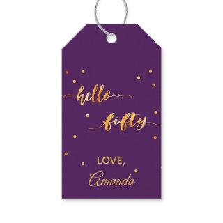 50th birthday purple gold name script gift tags