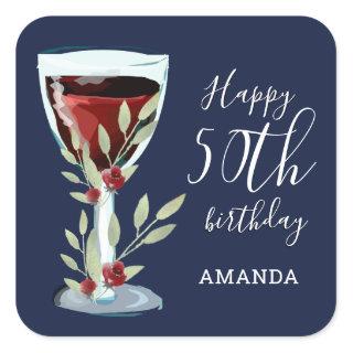 50th Birthday Red Wine Rose Watercolor Navy Blue Square Sticker