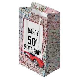50th Birthday Retro Corvette On Map  Small Gift Bag