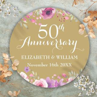 50th Golden Wedding Anniversary Watercolor Roses Classic Round Sticker