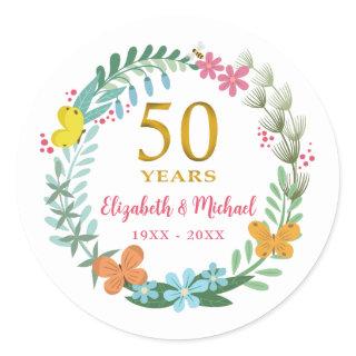 50th Wedding Anniversary Golden Floral Butterfly Classic Round Sticker