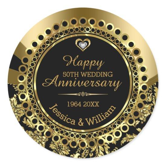 50th Wedding Anniversary Ornament Black & Gold Classic Round Sticker