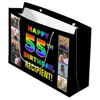 55th Birthday: Rainbow Text, Custom Photos & Name Large Gift Bag