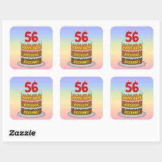 56th Birthday: Fun Cake and Candles + Custom Name Square Sticker