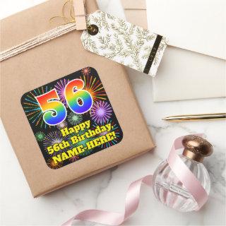 56th Birthday: Fun Fireworks Look, Rainbow # 56 Square Sticker