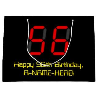 56th Birthday: Red Digital Clock Style "56" + Name Large Gift Bag