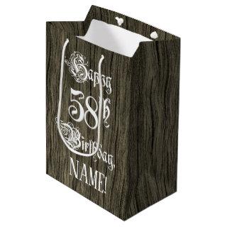 58th Birthday: Fancy, Faux Wood Look + Custom Name Medium Gift Bag