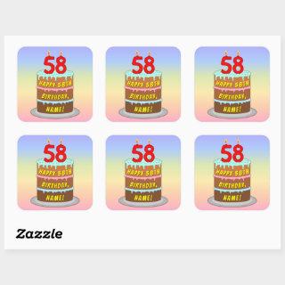 58th Birthday: Fun Cake and Candles + Custom Name Square Sticker