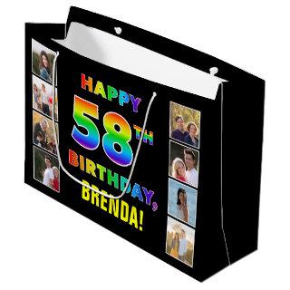 58th Birthday: Rainbow Text, Custom Photos & Name Large Gift Bag