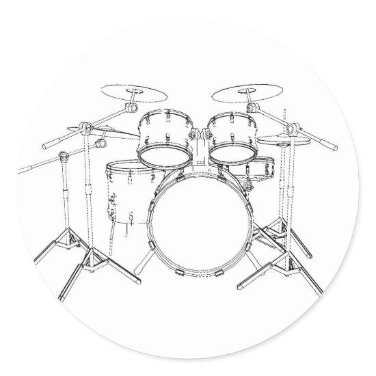 5 Piece Drum Kit: Black & White Drawing: Classic Round Sticker
