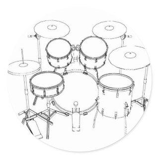 5 Piece Drum Kit: Black & White Drawing: Classic Round Sticker