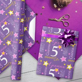 5th birthday star custom name purple pink yellow